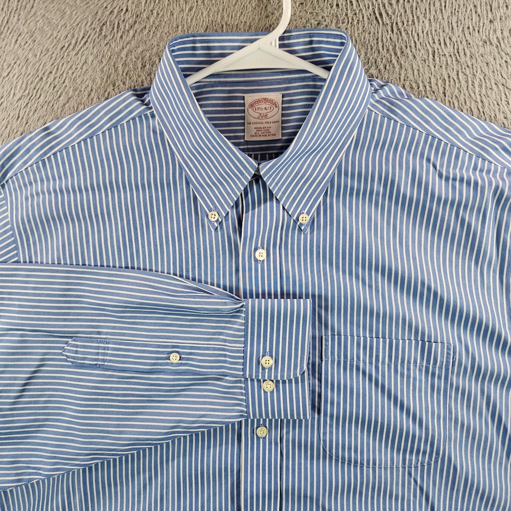 Brooks Brothers 346 Mens 17.5 6/7 Blue White Striped Non-Iron Dress Shirt